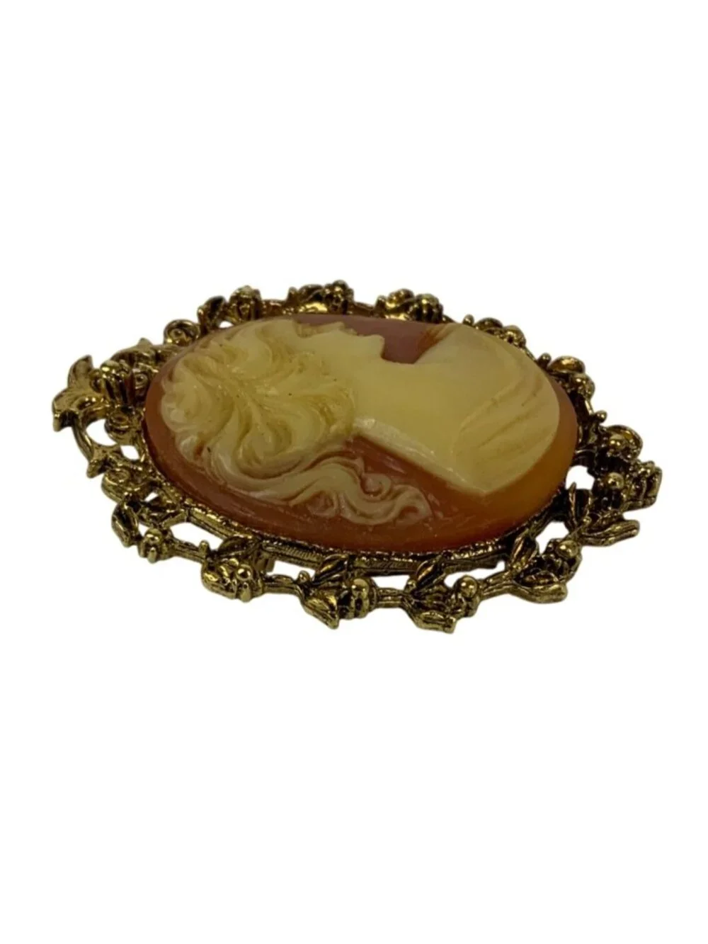 Vintage Victorian Revival Cameo Brooch Coral Cream Resin Gold Tone Floral Frame